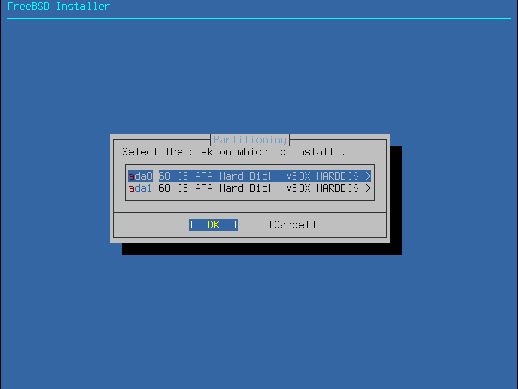 FreeBSD をインストールすることのできるディスクの一覧が表示されます